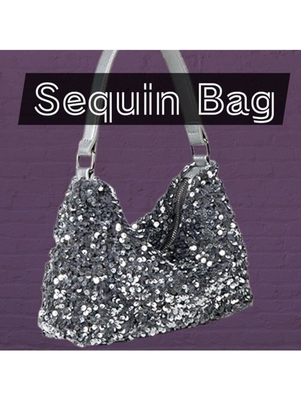 Allover Silver Sequins Silver Faux Leather Shoulder Strap Evening/Party Bag NWT